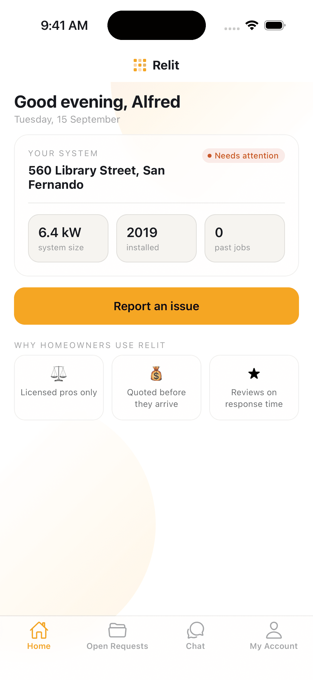 The real Relit app: a homeowner's system status and Report an issue button